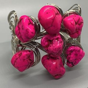 BRIGHT HOT PINK and SILVER WIRE WRAP CUFF BRACELET